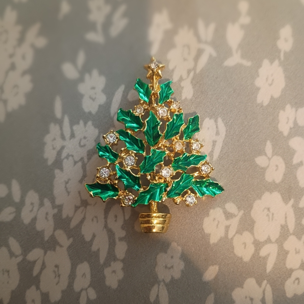 Gold-tone Green Christmas Tree Brooch with Clear Rhinestones